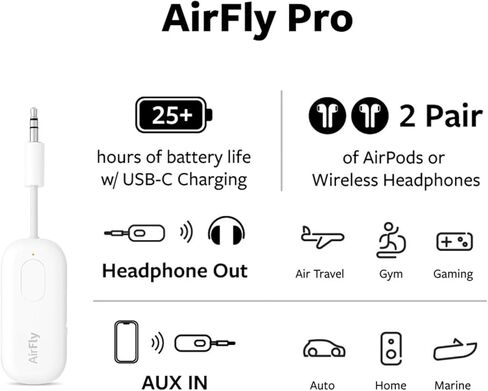 اثنا عشر جنوبًا AirFly Duo | جهاز إرسال بلوتوث لاسلكي مع مشاركة الصوت لما يصل إلى 2 AirPods / سماعات رأس، يستخدم مع أي مقبس 3.5 ملم على الطائرات ومعدات الصالة الرياضية وأجهزة iPad/الأجهزة اللوحية، أبيض، 1 × 4 بوصة in Kuwait