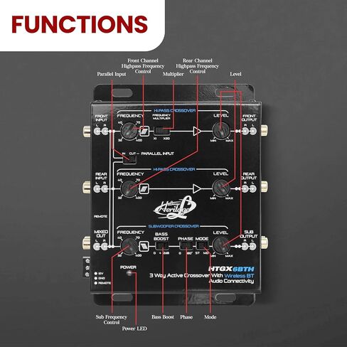 Lanzar 2 و3-Way Active Crossover - مع اتصال صوتي لاسلكي عبر البلوتوث، 18 ديسيبل أو 12 ديسيبل لكل منحدر يمكن اختياره من أوكتاف، ستيريو أحادي RCA، متقاطع غير متماثل مع مشكل جهير قابل للتعديل in Kuwait