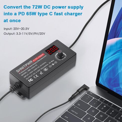SHNITPWR 72W universal Power Supply Adjustable DC 3V ~ 24V 3A AC/DC Adapter with USB C Charger PD 65W Upgraded 100V-240V AC to DC Converter Variable Power Adapter, 14 Tips, Alligator Clips Power Cable in Saudi Arabia