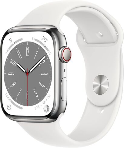 Apple Watch Series 8 (نظام تحديد المواقع + شبكة خلوية، 45 ملم) هيكل من الفولاذ المقاوم للصدأ بلون جرافيت مع حزام رياضي منتصف الليل، M/L (تم تجديد Premium) in Kuwait