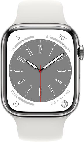 Apple Watch Series 8 (نظام تحديد المواقع + شبكة خلوية، 45 ملم) هيكل من الفولاذ المقاوم للصدأ بلون جرافيت مع حزام رياضي منتصف الليل، M/L (تم تجديد Premium) in Kuwait