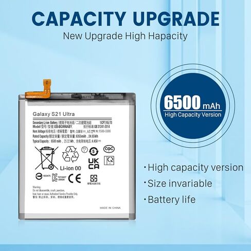 6500mAh Galaxy S21 Ultra Battery Replacement Kit, [2024 New Upgrade] High Capacity New 0 Cycle Li-Polymer Battery Compatible with Samsung Galaxy S21 Ultra 5G SM-G998B/DS SM-G998U with Repair Tools in Saudi Arabia