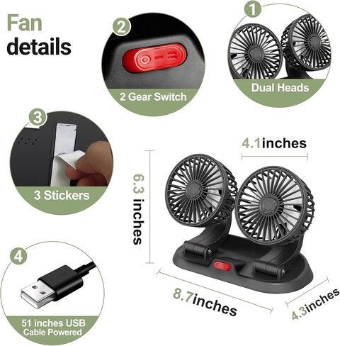 Car Fans, Dual Head USB Car Cooling Fans for Car Dashboard, SUV, RV, Truck, Home and Office (5V/2A Usb Powered) in Saudi Arabia