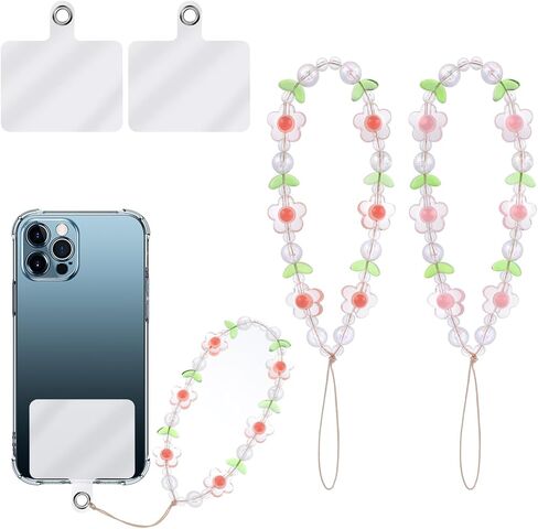 Flower Beaded Phone Charm, Mabor 2Pcs Cute Phone Charms Wrist Strap Beaded Phone Keychain Pearl Phone Accessories Lanyard Anti-Lost Chains for Women Girls Aesthetic in Saudi Arabia