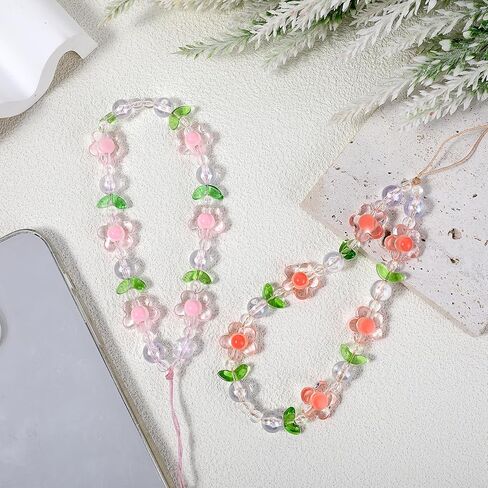 Flower Beaded Phone Charm, Mabor 2Pcs Cute Phone Charms Wrist Strap Beaded Phone Keychain Pearl Phone Accessories Lanyard Anti-Lost Chains for Women Girls Aesthetic in Saudi Arabia