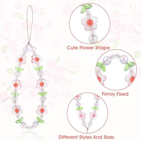Flower Beaded Phone Charm, Mabor 2Pcs Cute Phone Charms Wrist Strap Beaded Phone Keychain Pearl Phone Accessories Lanyard Anti-Lost Chains for Women Girls Aesthetic in Saudi Arabia