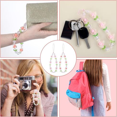 Flower Beaded Phone Charm, Mabor 2Pcs Cute Phone Charms Wrist Strap Beaded Phone Keychain Pearl Phone Accessories Lanyard Anti-Lost Chains for Women Girls Aesthetic in Saudi Arabia