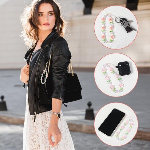 Flower Beaded Phone Charm, Mabor 2Pcs Cute Phone Charms Wrist Strap Beaded Phone Keychain Pearl Phone Accessories Lanyard Anti-Lost Chains for Women Girls Aesthetic in Saudi Arabia