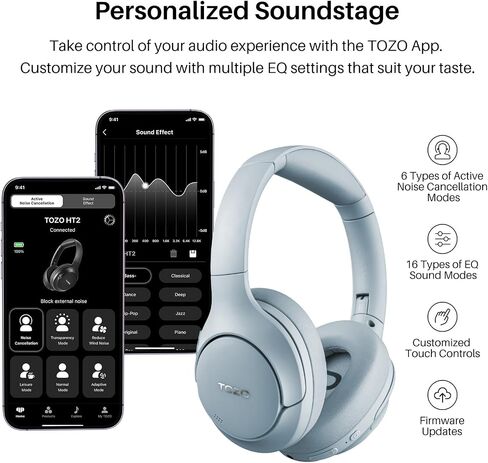 TOZO HT2 Hybrid Active Noise Cancelling Headphones, Wireless Over Ear Bluetooth Headphones, 60H Playtime, Hi-Res Audio Custom EQ via App Deep Bass Comfort Fit Ear Cups, for Home Office Travel Khaki in Saudi Arabia