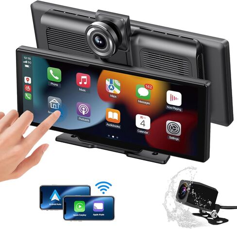 10.26 بوصة Apple Carplay&Android Auto، ستيريو السيارة، كاميرا داش 2.5K وكاميرا خلفية 1080P، DVR، شاشة لمس عالية الدقة محمولة، أجهزة استقبال صوت السيارة مع وصلة مرآة/بلوتوث/GPS/FM لجميع المركبات in Saudi Arabia