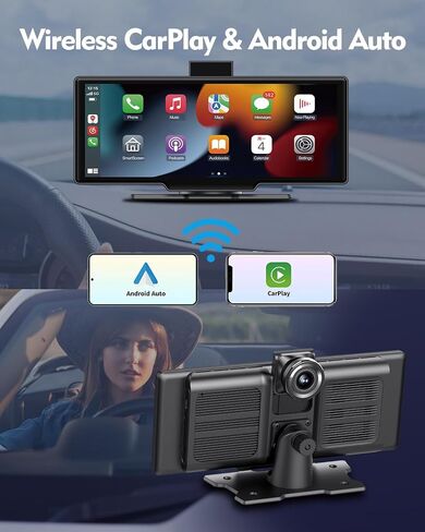 10.26 بوصة Apple Carplay&Android Auto، ستيريو السيارة، كاميرا داش 2.5K وكاميرا خلفية 1080P، DVR، شاشة لمس عالية الدقة محمولة، أجهزة استقبال صوت السيارة مع وصلة مرآة/بلوتوث/GPS/FM لجميع المركبات in Saudi Arabia