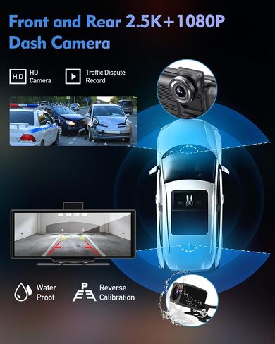 10.26 بوصة Apple Carplay&Android Auto، ستيريو السيارة، كاميرا داش 2.5K وكاميرا خلفية 1080P، DVR، شاشة لمس عالية الدقة محمولة، أجهزة استقبال صوت السيارة مع وصلة مرآة/بلوتوث/GPS/FM لجميع المركبات in Saudi Arabia