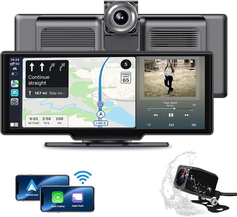10.26 بوصة Apple Carplay&Android Auto، ستيريو السيارة، كاميرا داش 2.5K وكاميرا خلفية 1080P، DVR، شاشة لمس عالية الدقة محمولة، أجهزة استقبال صوت السيارة مع وصلة مرآة/بلوتوث/GPS/FM لجميع المركبات in Saudi Arabia
