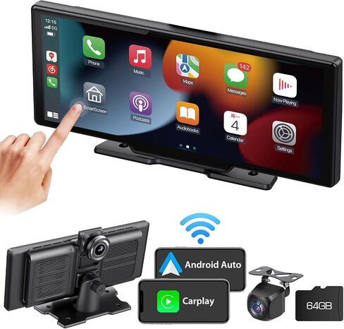 10.26 بوصة Apple Carplay&Android Auto، ستيريو السيارة، كاميرا داش 2.5K وكاميرا خلفية 1080P، DVR، شاشة لمس عالية الدقة محمولة، أجهزة استقبال صوت السيارة مع وصلة مرآة/بلوتوث/GPS/FM لجميع المركبات in Saudi Arabia