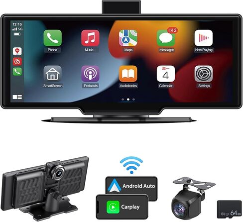 10.26 بوصة Apple Carplay&Android Auto، ستيريو السيارة، كاميرا داش 2.5K وكاميرا خلفية 1080P، DVR، شاشة لمس عالية الدقة محمولة، أجهزة استقبال صوت السيارة مع وصلة مرآة/بلوتوث/GPS/FM لجميع المركبات in Saudi Arabia