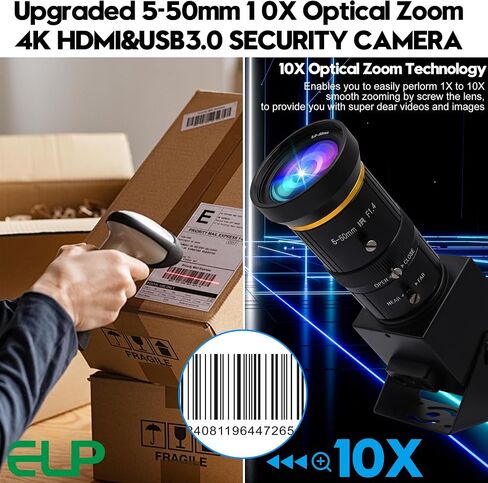 كاميرا ELP 4K USB3.0 HDMI USB كاميرا ويب تكبير يدوية 4K 60 إطارًا في الثانية كاميرا كمبيوتر صغيرة مقربة للكمبيوتر H.264 تلسكوب كاميرا أمان USB 8 ميجابكسل كاميرا CCTV صناعية (عدسة تكبير 5-50 مم 10X) in Saudi Arabia