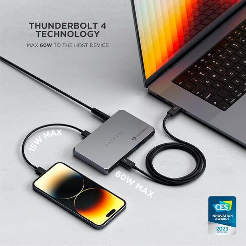 Satechi Thunderbolt 4 Hub Slim Pro، شحن USB C 96W، شاشة فردية 8K أو مزدوجة 4K، 4 منافذ Thunderbolt 4، USB 3.2 Gen2 - لجهاز MacBook Pro/Air M1 M2 M3، Dell، HP، Surface، Lenovo in Saudi Arabia