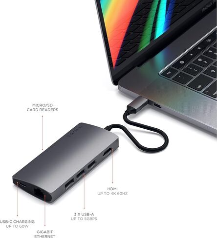 Satechi USB C Hub Multiport Adapter V3, 8 in 1 USB C Dongle with 8K HDMI, 85W USB-C PD Charging, 4 USB-C Data Ports, Ethernet, SD Card Reader for Mac, Windows - Space Gray in Saudi Arabia