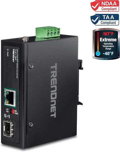 محول وسائط SFP صناعي مقوى من TRENDnet إلى Gigabit UPoE، غلاف مصنف IP30، يتضمن سكة DIN وحوامل حائطية، درجة حرارة التشغيل. -40 إلى 75 درجة مئوية (-40 إلى 167 درجة فهرنهايت)، TI-UF11SFP، أسود in Saudi Arabia