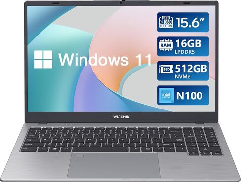 Laptop Computer, 16GB LPDDR5 RAM Laptop 512GB NVMe SSD, Intel Quad-Core N100, 15.6 Inch 1080P IPS Display Windows 11 Pro Laptops, WiFi 6, BT 5.2, RJ45 Ethernet, Fingerprint, USB Type-C in Kuwait
