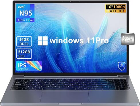 16 inch Laptop, 16GB DDR4 512GB SSD, Intel Quad-Core N95 Processor (up to 3.4Ghz) Windows 11 Pro, Laptop Computer with Metal Body Support 16:10 1080P, 2.4/5G WiFi, Bluetooth 4.2, Full-Function Type-C in Saudi Arabia