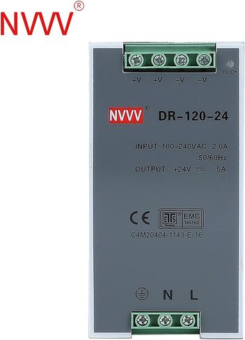 DR-120-12 AC to DC DIN-Rail Mount Power Supply, 12V, 10 Amp, 120W Single Extreme -30 to 70 °C (-22 to 158 °F) Operating Temp, Overload Protection, Metal, Silver+Grey in Saudi Arabia