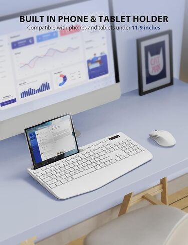 مجموعة لوحة مفاتيح وماوس لاسلكية - لوحة مفاتيح مريحة كاملة الحجم مع مسند للمعصم، حامل هاتف، وضع السكون، مجموعة ماوس لوحة مفاتيح لاسلكية صامتة 2.4 جيجا هرتز للكمبيوتر والكمبيوتر المحمول وأجهزة الكمبيوتر الشخصية وأجهزة Mac وWindows (أبيض) in Kuwait