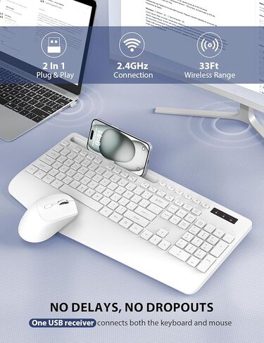 مجموعة لوحة مفاتيح وماوس لاسلكية - لوحة مفاتيح مريحة كاملة الحجم مع مسند للمعصم، حامل هاتف، وضع السكون، مجموعة ماوس لوحة مفاتيح لاسلكية صامتة 2.4 جيجا هرتز للكمبيوتر والكمبيوتر المحمول وأجهزة الكمبيوتر الشخصية وأجهزة Mac وWindows (أبيض) in Kuwait