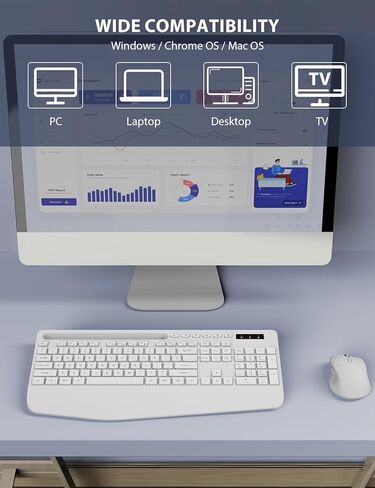 مجموعة لوحة مفاتيح وماوس لاسلكية - لوحة مفاتيح مريحة كاملة الحجم مع مسند للمعصم، حامل هاتف، وضع السكون، مجموعة ماوس لوحة مفاتيح لاسلكية صامتة 2.4 جيجا هرتز للكمبيوتر والكمبيوتر المحمول وأجهزة الكمبيوتر الشخصية وأجهزة Mac وWindows (أبيض) in Kuwait