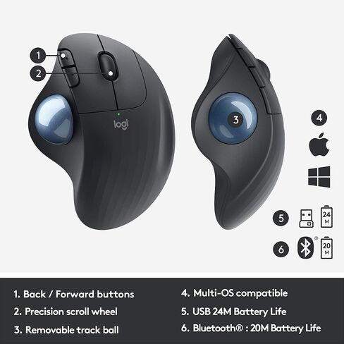Logitech Ergo M575 Wireless Trackball Mouse, Easy Thumb Control, Precision and Smooth Tracking, Ergonomic Comfort Design, Windows/Mac, Bluetooth, USB - Graphite (Renewed) in Saudi Arabia