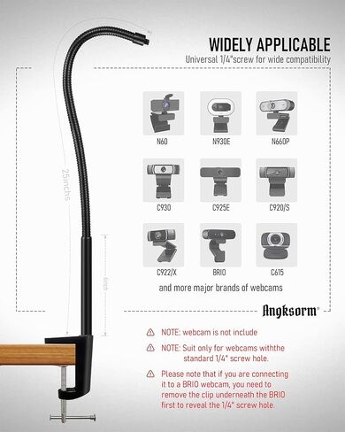 حامل كاميرا ويب مقاس 25 بوصة - حامل مرن للتثبيت على المكتب لكاميرا الويب C960، C930e، C930، C920، C920S، C922x، C922، Brio 4K، C925e، C615 N60 والأجهزة الأخرى بخيط 1/4 بوصة in Kuwait