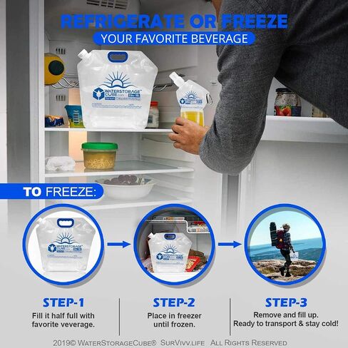 حقيبة حاوية مياه فاخرة قابلة للطي من WaterStorageCube، إبريق تخزين بلاستيكي شفاف خالٍ من مادة BPA للطعام للتخييم والمشي لمسافات طويلة على ظهره في حالات الطوارئ، زجاجة مياه قابلة للطي وقابلة للتجميد سعة 1.3/2.6 جالون in Kuwait
