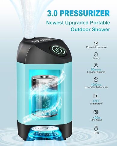 AUTOPkio Portable Camping Shower - Upgraded Outdoor Shower with Pressurizer & 4500mAh Rechargeable Battery Pump IPX7 Waterproof for Camp, Hiking, Car Washing, Pet Bath (Blue) in Saudi Arabia