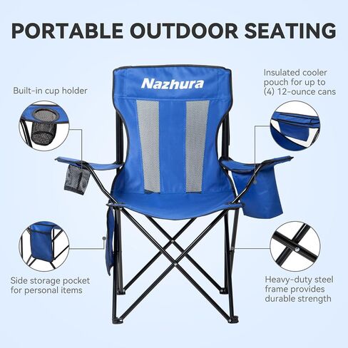 Nazhura 2 Pack Outdoor Camping Chairs Folding/Foldable/Portable with Cooler Pouch, Mesh Backrest and Cup Holder Pocket (Blue, 2 Pack) in Saudi Arabia