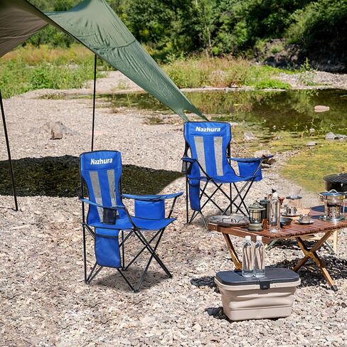 Nazhura 2 Pack Outdoor Camping Chairs Folding/Foldable/Portable with Cooler Pouch, Mesh Backrest and Cup Holder Pocket (Blue, 2 Pack) in Saudi Arabia
