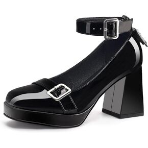 منصة ماري جين الكعك للنساء مغلقة أخمص القدمين قلب القوطي أحذية الكاحل مضخات جلدية براءات الاختراع in Kuwait