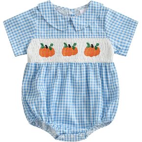 Infant Boy Smocked Pumpkin Romper Embroidery Babydoll Collar Short Sleeve Gingham Bodysuit Baby Halloween Clothes in Kuwait