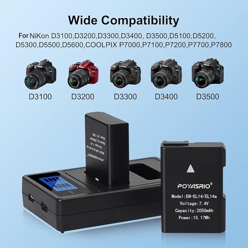 بطارية 2 عبوة EN-EL14 /EL14A وشحنة قناة مزدوجة شحن قناة مزدوجة ، Fornikon D3100 D3200 D3300 D3400 D3500 D5100 D5200 D5300 D5500 D5600 DF Coolpix P7000 P7100 P7700 P7800 SLR Digital in Kuwait