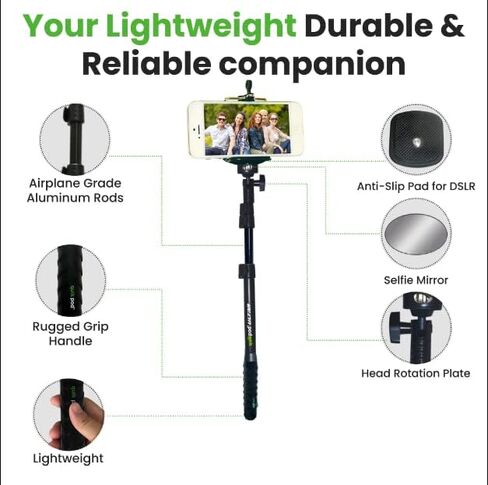 Ultra – 53" Saltwater-Proof Selfie Stick – Airplane-Grade Aluminum Camera Stick for Skydiving, Swimming, Travel – Lightweight with Mirror, Grip Handle & Rotating Head Plate in Saudi Arabia