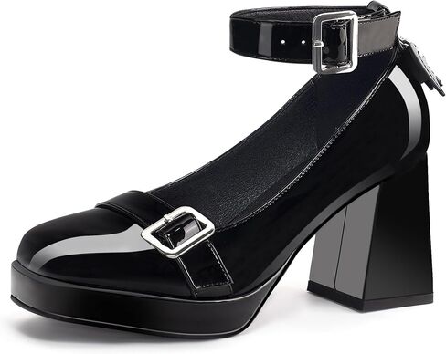 منصة ماري جين الكعك للنساء مغلقة أخمص القدمين قلب القوطي أحذية الكاحل مضخات جلدية براءات الاختراع in Kuwait