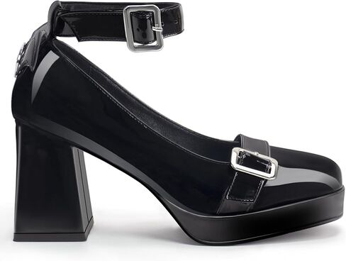 منصة ماري جين الكعك للنساء مغلقة أخمص القدمين قلب القوطي أحذية الكاحل مضخات جلدية براءات الاختراع in Kuwait