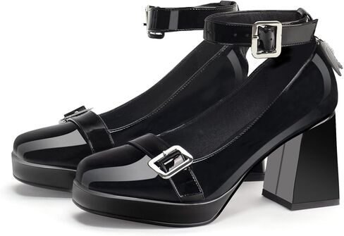 منصة ماري جين الكعك للنساء مغلقة أخمص القدمين قلب القوطي أحذية الكاحل مضخات جلدية براءات الاختراع in Kuwait