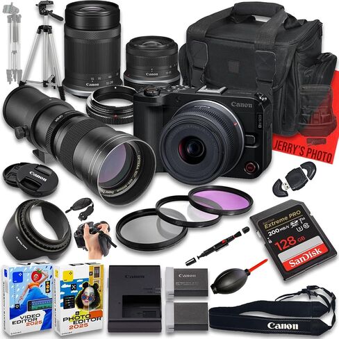 Canon EOS R50 V Mirrorless Camera مع RF-S 18-45mm f/4.5-6.3 هي STM و 55-210 مم f/5-7.1 هي STM و 420-800 مم f/8 عدسة + 128 جيجابايت + بطارية إضافية + حالة كاميرا + أكثر (حزمة 24PC) (متجددة) in Saudi Arabia