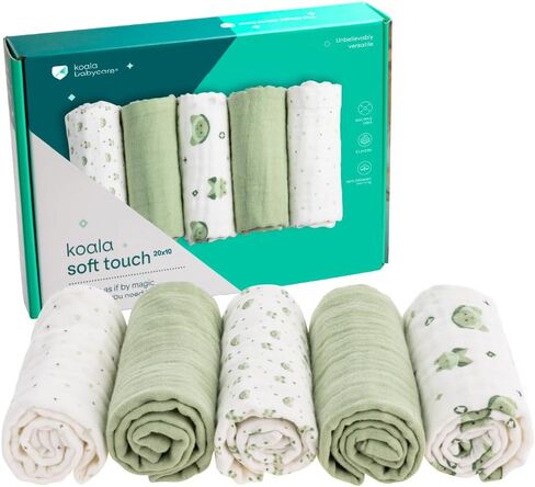 Koala Babycare 5 Pack 20"x10" Muslin Burp Cloths for Baby Boys and Girls - GOTS & Oeko-TEX Cotton Burp Rags for Newborns - Absorbent Neutral Burping Cloths for Feeding - Washable Baby Bibs Essentials in Kuwait