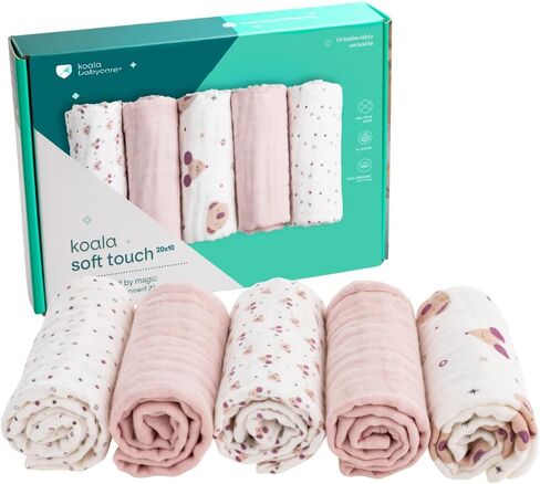 Koala Babycare 5 Pack 20"x10" Muslin Burp Cloths for Baby Boys and Girls - GOTS & Oeko-TEX Cotton Burp Rags for Newborns - Absorbent Neutral Burping Cloths for Feeding - Washable Baby Bibs Essentials in Kuwait