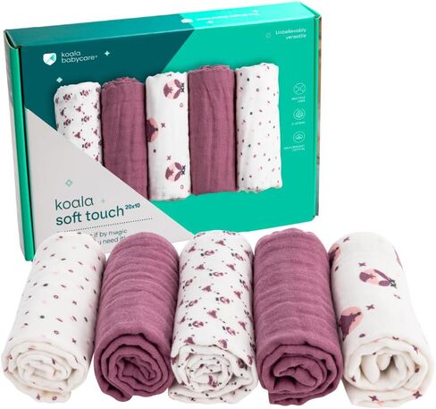 Koala Babycare 5 Pack 20"x10" Muslin Burp Cloths for Baby Boys and Girls - GOTS & Oeko-TEX Cotton Burp Rags for Newborns - Absorbent Neutral Burping Cloths for Feeding - Washable Baby Bibs Essentials in Kuwait