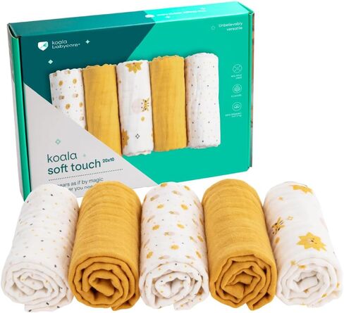 Koala Babycare 5 Pack 20"x10" Organic Burp Cloths for Baby Boys and Girls - GOTS & OEKO-TEX Cotton Burp Rags for Newborns - Absorbent Neutral Burping Cloths for Feeding - Washable Baby Bibs Essentials in Saudi Arabia