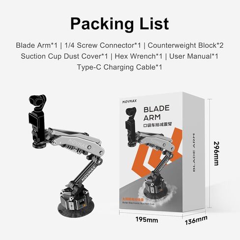 MOVMAX Blade Arm for DJI osmo Pocket 4/3 Suction Cup car Mount,Stabilizer for Pocket 4/3/2, Insta 360, and GoPro Hero Cameras,1/4 Universal Locking Screw,Suitable for Content Creators Vloger YouTube in Saudi Arabia