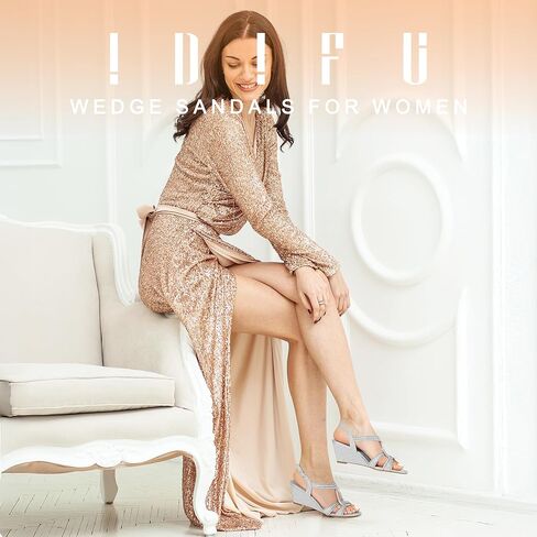 Idifu in2 Wedge Sandals Rhinestone الكعوب الإسفين اللامعة مع خاتم عقلي مريح زفاف أعناق الزفاف الزفاف العروس الحفلات أحذية للنساء منخفضة الكعب الأزياء in Kuwait