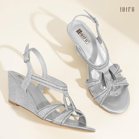 Idifu in2 Wedge Sandals Rhinestone الكعوب الإسفين اللامعة مع خاتم عقلي مريح زفاف أعناق الزفاف الزفاف العروس الحفلات أحذية للنساء منخفضة الكعب الأزياء in Kuwait